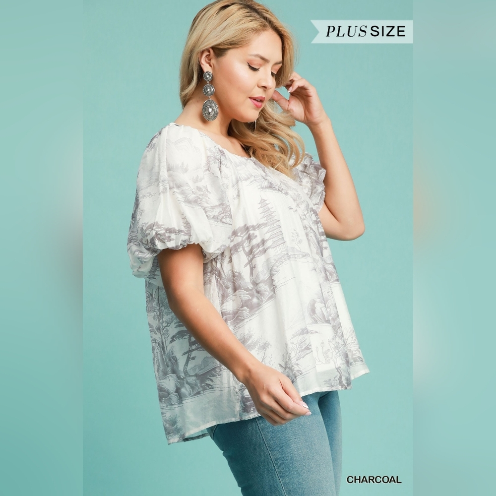 Umgee Cream And Grey Toile Print Puff Sleeve Top - Picture 2 of 7